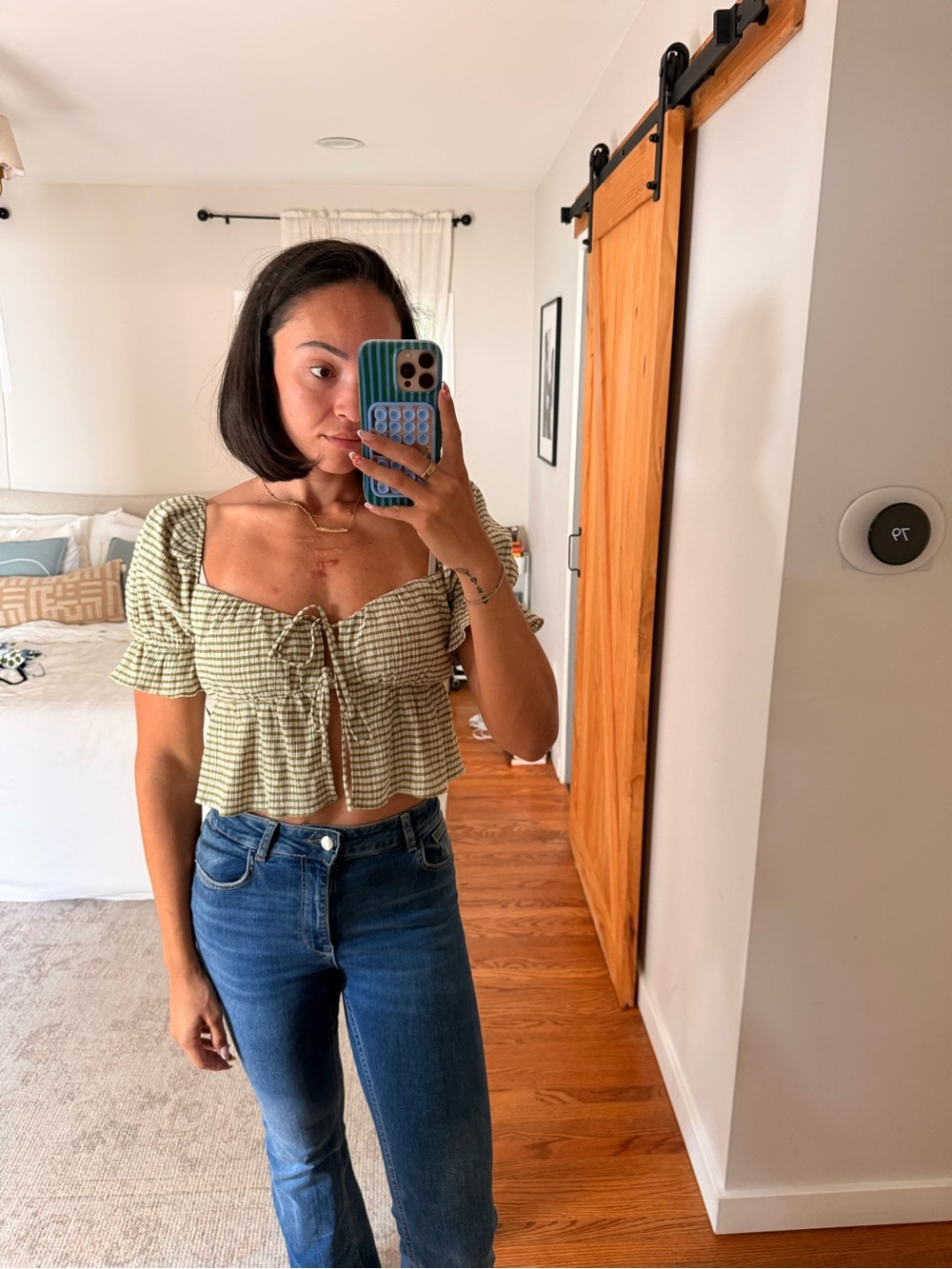 Reformation Olive Green Gingham Tie-Front Puff Sleeve Crop Top